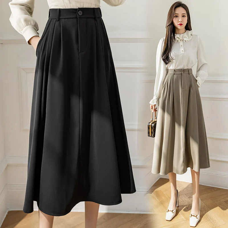 

Ladies Elegant Large Hem Pleated Long Skirt Women New Chic Black Skirts Casual Faldas Largas Female New Korean Fashion Clothing