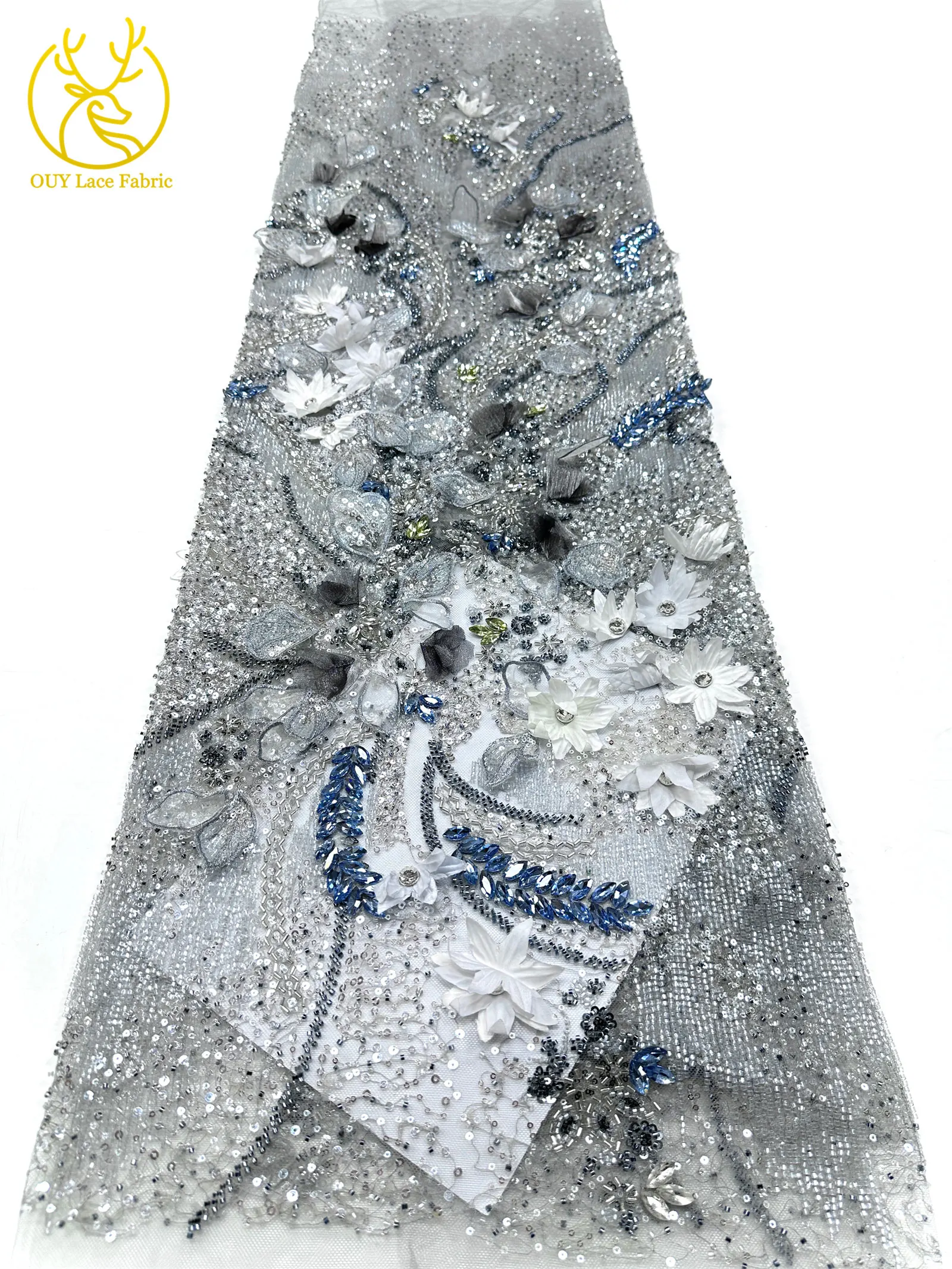 Hochwertiger luxuriöser französischer Edelstein-Perlenstickerei-3D-Blumen-Afrikanischer-Pailletten-Spitzenstoff für DIY handgefertigtes Hochzeitskleid. – Detail 22