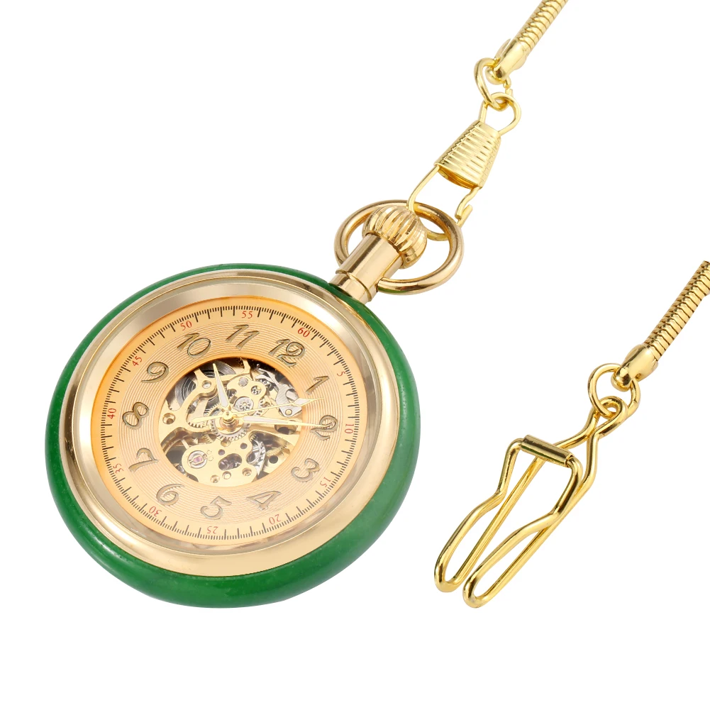 Vintage Automatic Mechanical Pocket Watch Green Jade‑Like Case Pendant Pocket Watch with Snake Chain for Men Collection Gift