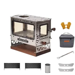 Firewood Stove 4-Side Window Desktop Stove Stainless Steel/Titanium Camping Brazier Tea Cooking Fire Wood Heater Burner