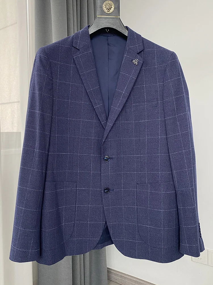 

Мужской модный деловой повседневный классический костюм в клетку, приталенный, удобный, с плоским воротником, для осеннего сезона, стандартный крой