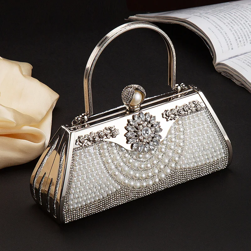 Fashion Women Evening Cluthes Vintage Ladies Phone Pack Pearl Dinner Handbag Girl Gift Diamond-studded Banquet Dress Pouch