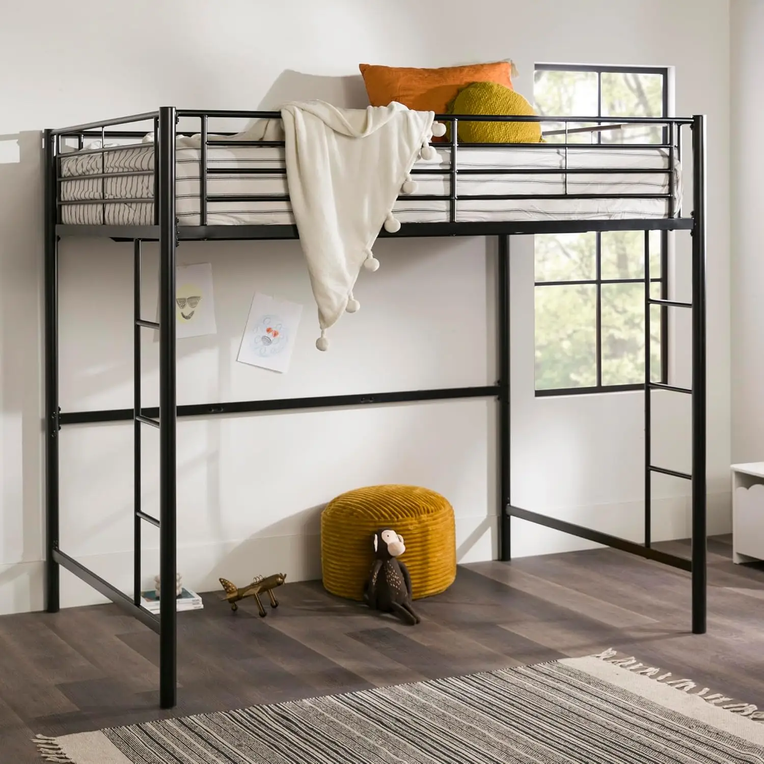 Industrial Metal Double Over Loft Bunk Bed Full Loft Black Fits Most Double Size Beds 5”- 9” Mattress Thickness Recommended