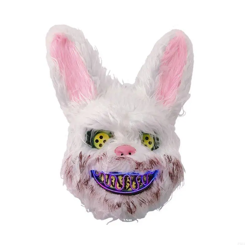 

P88A Unisex Halloween Theme Party LED Glowing Face Mask Horror Bloody Bunny for Head Mask Scary Cosplay Masquerade Role for Play