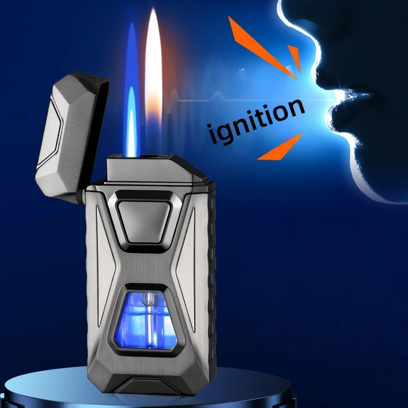 

Intelligent Voice Controlled Transparent Air Window Recyclable Inflatable Lighter Windproof Dual Flame Lighter Smoker Gift