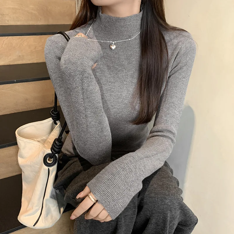 Semi-turtleneck Bubble Sleeve Long-sleeved Knitted Bottoming Shirt Women's 2024 Winter New