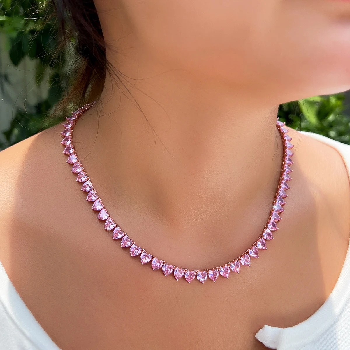 CWWZircons Romantic Rose Gold Color Pink Cubic Zirconia Heart Shape Choker Necklace Jewelry for Women Lover Festive Gifts DZ0055