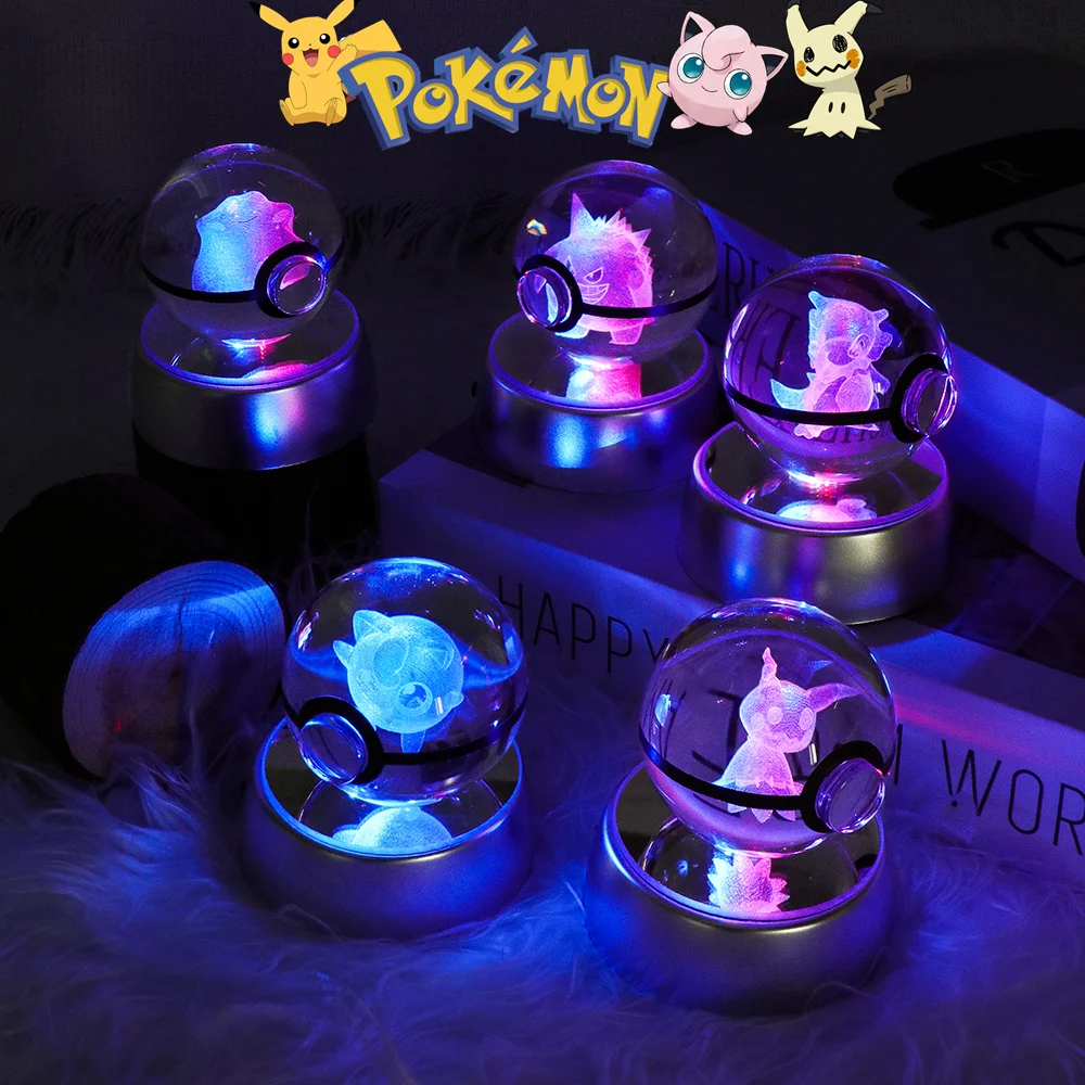 

POKEMON Figure Light Gengar Jigglypuff Mimikyu Cubone Charizard 3D Crystal Poke Ball Toy with LED Light Base for Home Decor Gift