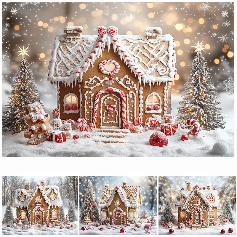 

LS Photography Background Winter Christmas Gingerbread House Snow Xmas Kids Family Portrait Decor Backdrop Photo Studio