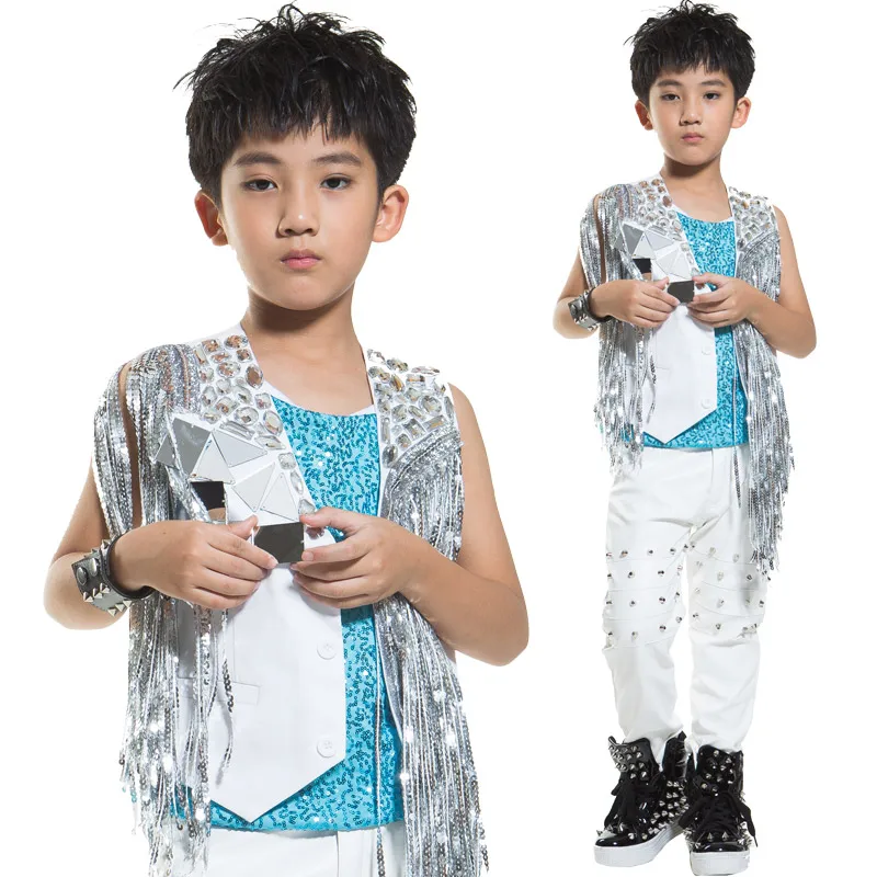 

Children Modern Jazz Dance Performance Stage Costumes Silver Tassel Vest Rivet Pants Suit Boys Hip Hop Rave Clothes DQS13888