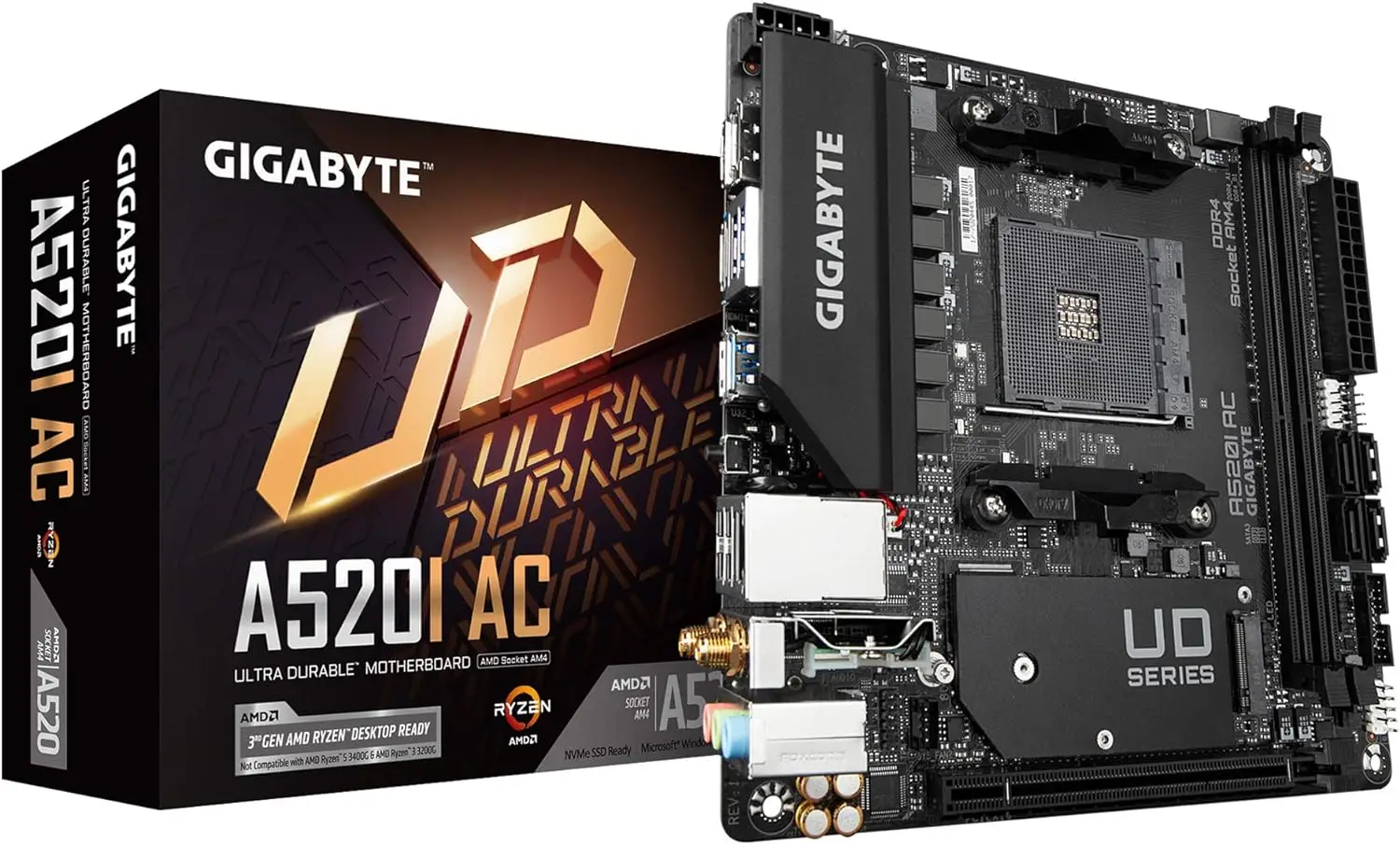 Gigabyte A520I AC (AMD Ryzen AM4/Mini-ITX/Direct 6 Phases Digital PWM with 55A DrMOS/Gaming GbE LAN/Intel WiFi + Bluetooth/NVMe PCI