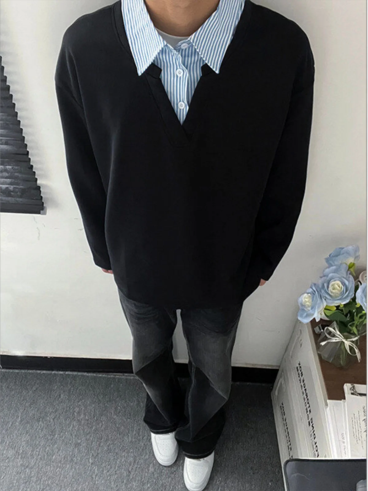 

Bla irt Men's Long Sve Collar Patchwork Sweatirt Heavyweight American Sle oulder Fit Casual Spring Autumn