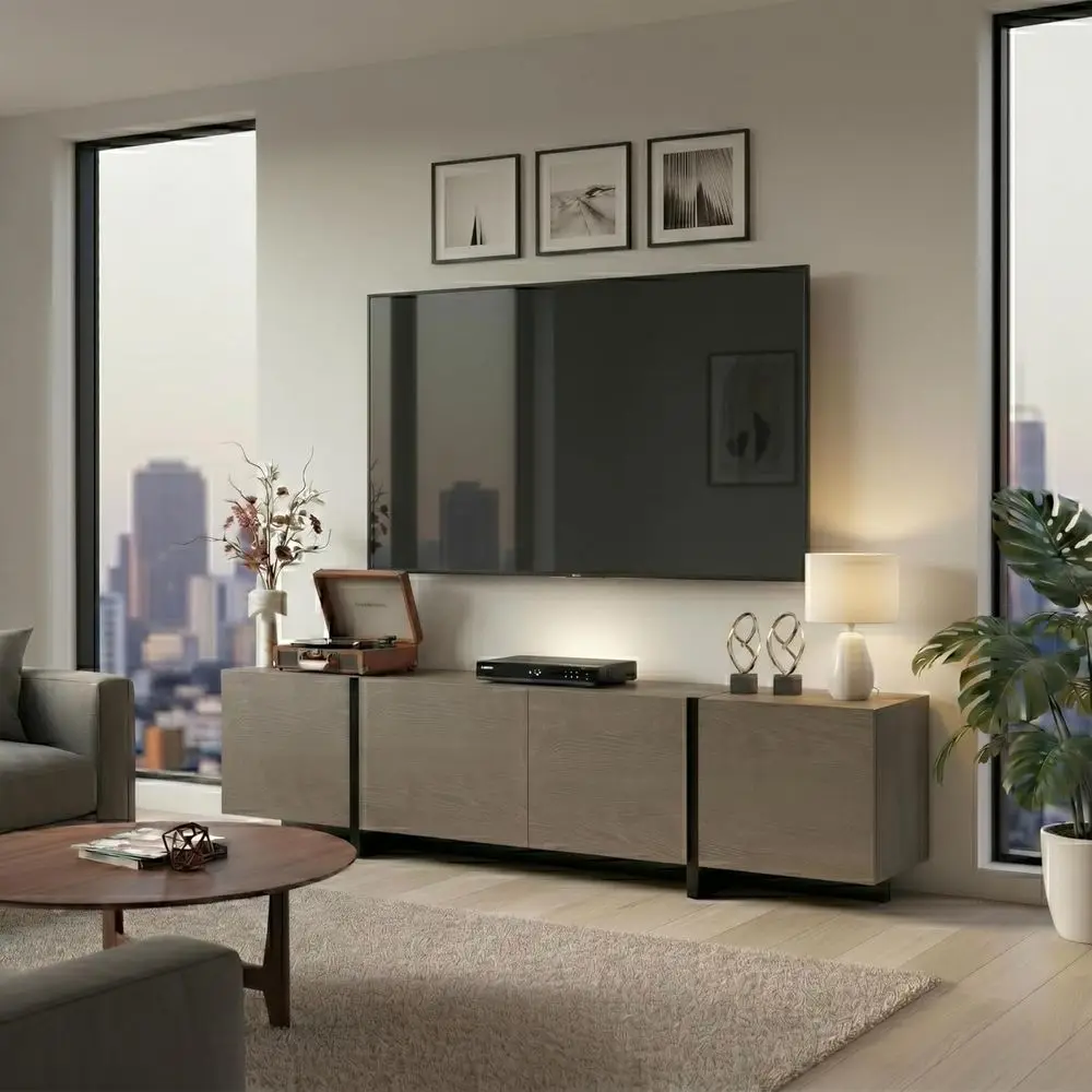 

70 Inch TV Stand with Natural Wood Media Shelf, 4 Storage Drawers, Entertainment Center for Living or Bedroom, Taupe