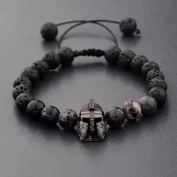 Fashion Diy Luxury Unisex Spartan Helmet Cubic Zircornia 8MM Lava Stone Beads Charm Bracelets Handmade Braid Adjustable Bangle