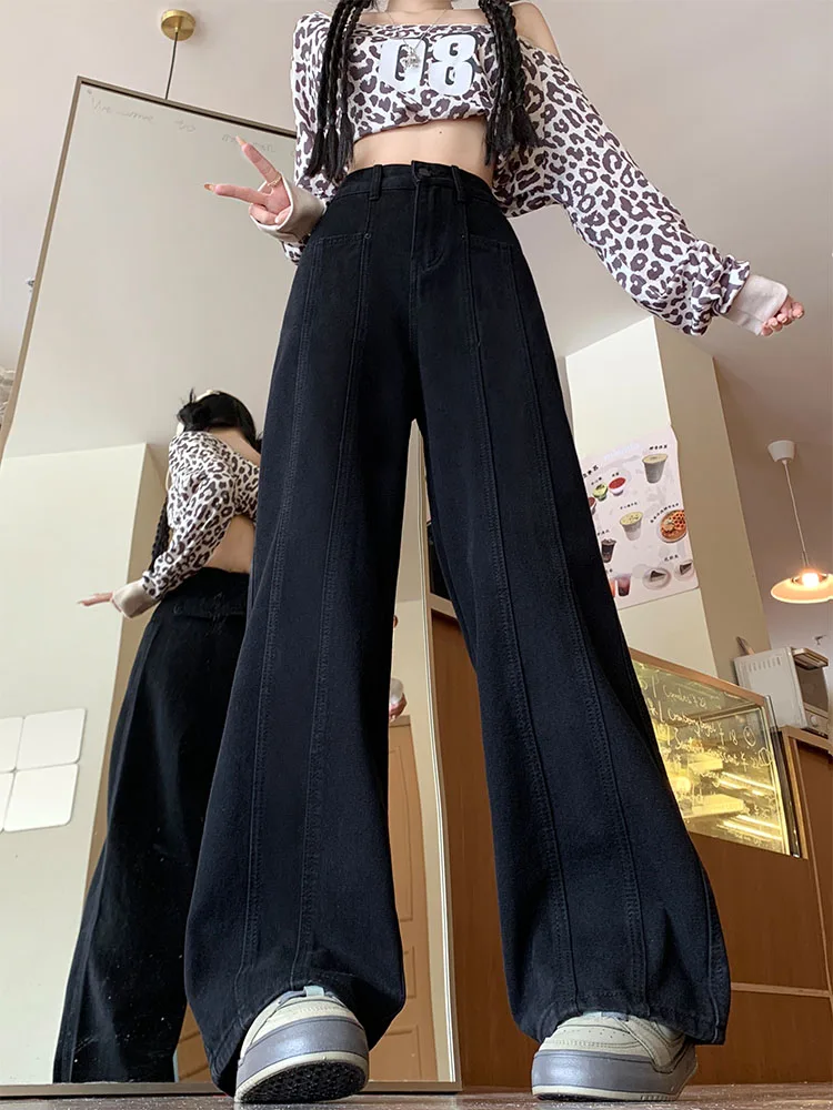 فضفاض عالية الخصر واسعة الساق الجينز المرأة الخريف جديد Sle الكمثرى القرد الجسم التخسيس ألف خط بنطلون عادية مستقيم الساق