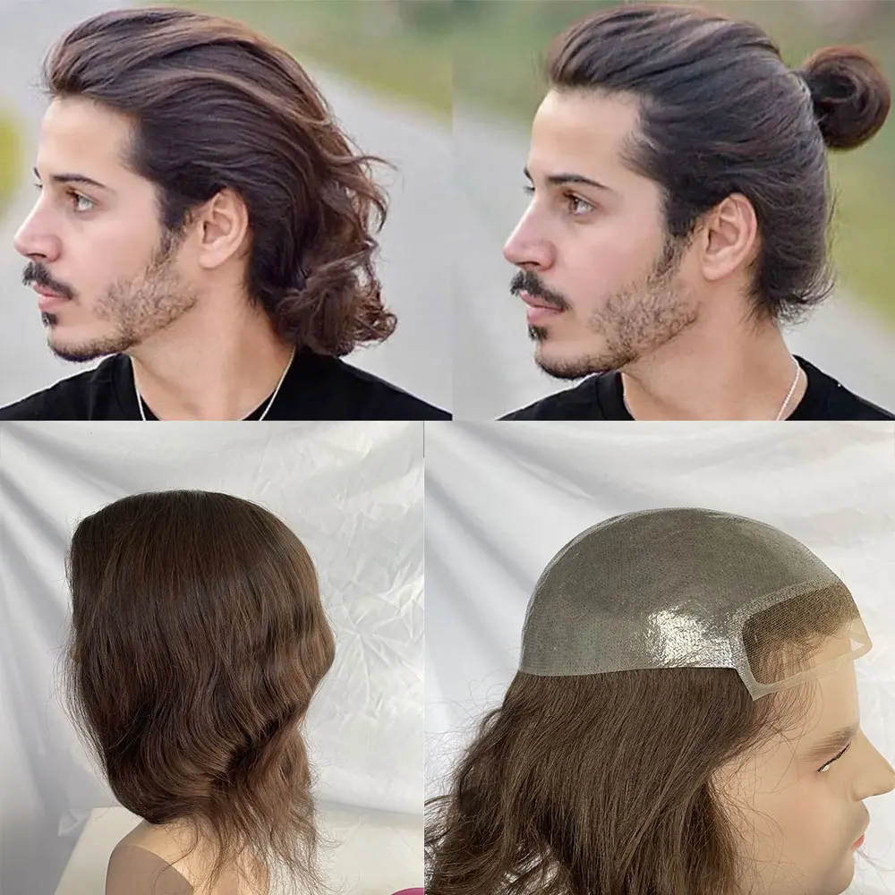 Prótesis Capilar Frontal de Encaje Suizo para Hombre, 8x10 Pulgadas, Sistema de Cabello Humano Largo con Base de Piel Fina Suave, con Anillas en V, Piezas de Cabello Real, Color Marrón