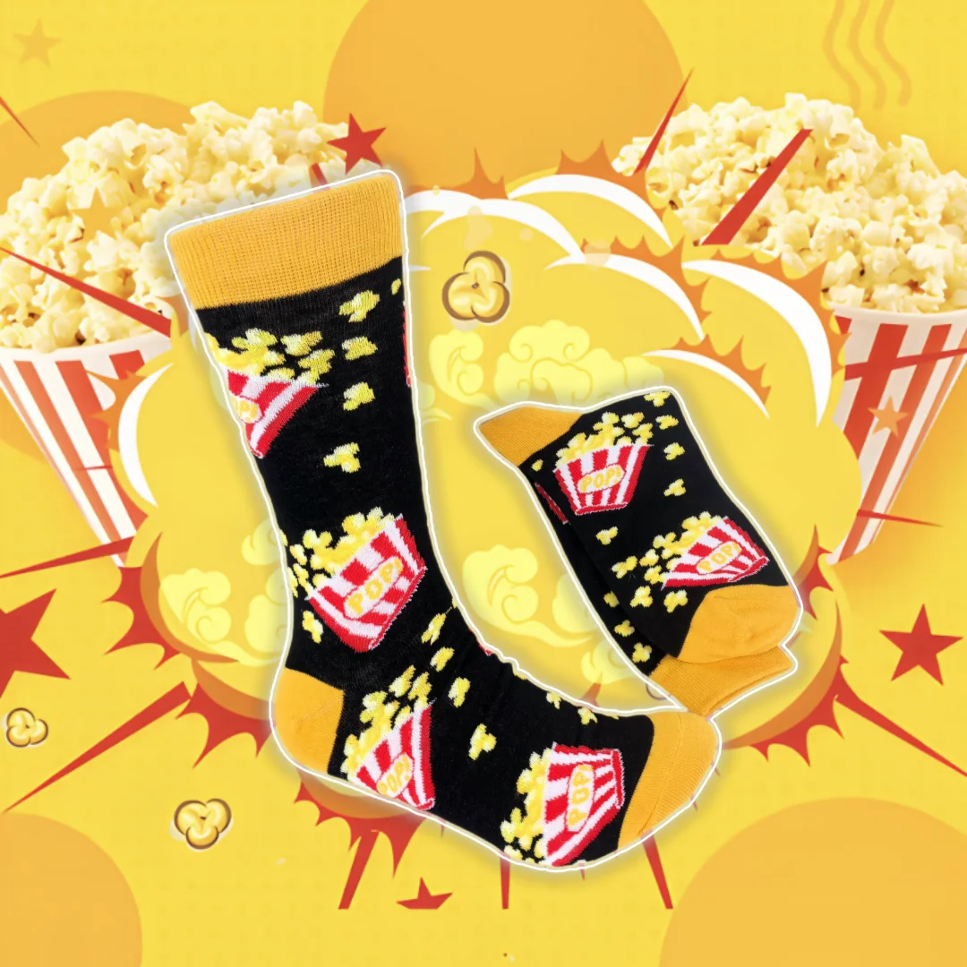 1 par de calcetines a media pantorrilla con estampado de palomitas de maíz, calcetines de moda para Unisex, calcetines lindos, traje de uso informal