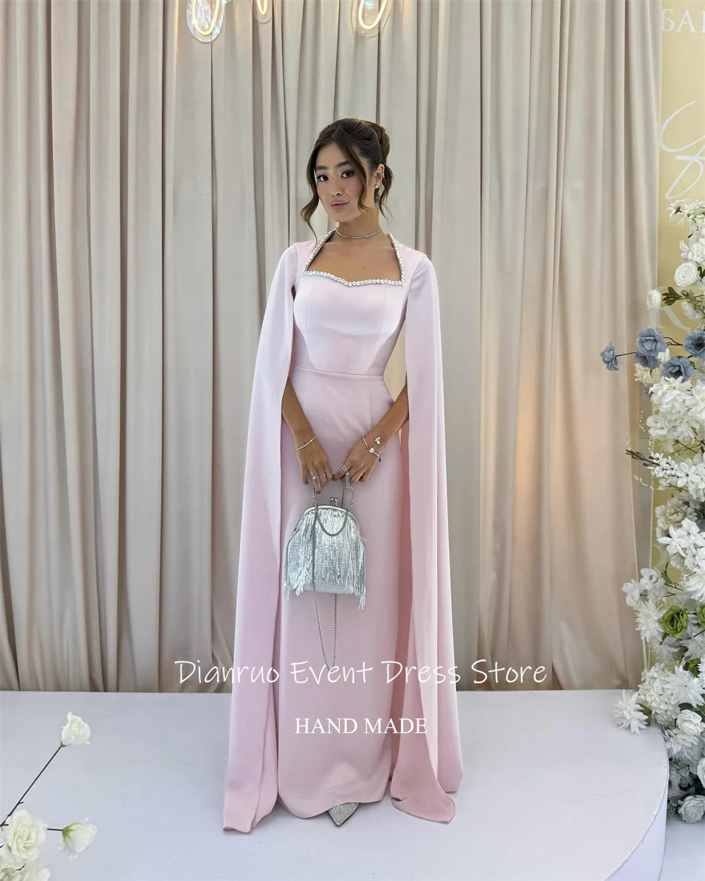 Dianruo блестящее вечернее платье с кристаллами, атласное прямое винтажное платье для особых случаев, розовые халаты с длинными рукавами, вечернее платье по индивидуальному заказу