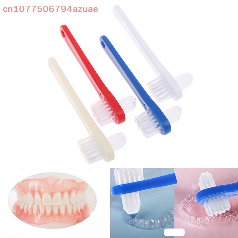 1 pz spazzolino da denti doppia testa spazzola manuale detergente per denti finti portatile al care fornitura protesi blu rosso bianco colore