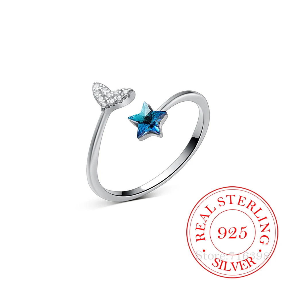 S925 Sterling Silver Crystal Star Fish Tail Rings For Women Grils Simple Cute Party Ring Anillos Mujer Fine Jewelry Wedding Gift