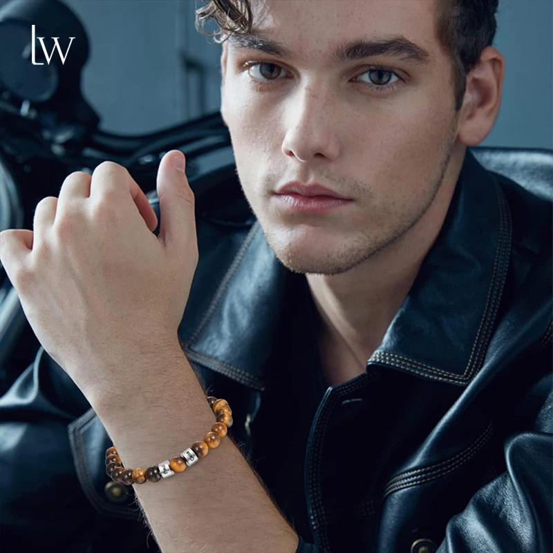 Custom Name Stainless Steel Beaded Engravd Bracelets Personalized Tiger Eye Stone Bracelets Gifts for Men Him Fathers Day Gift