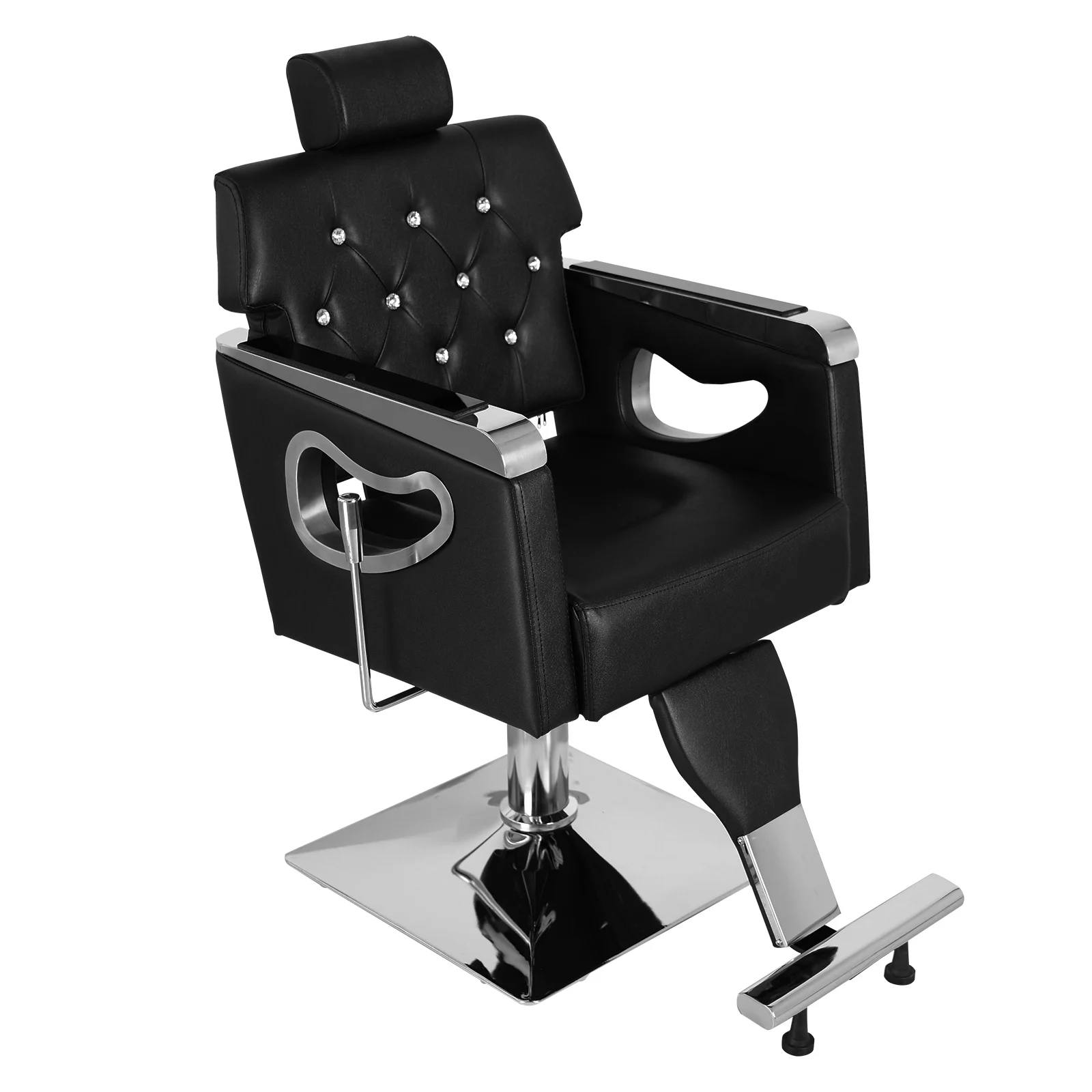 PVC Leather Cover Inlay Diamond Galvanized Square Tray with Footrest Retractable Barber Chair 300.00Lbs Black[US-Stock]