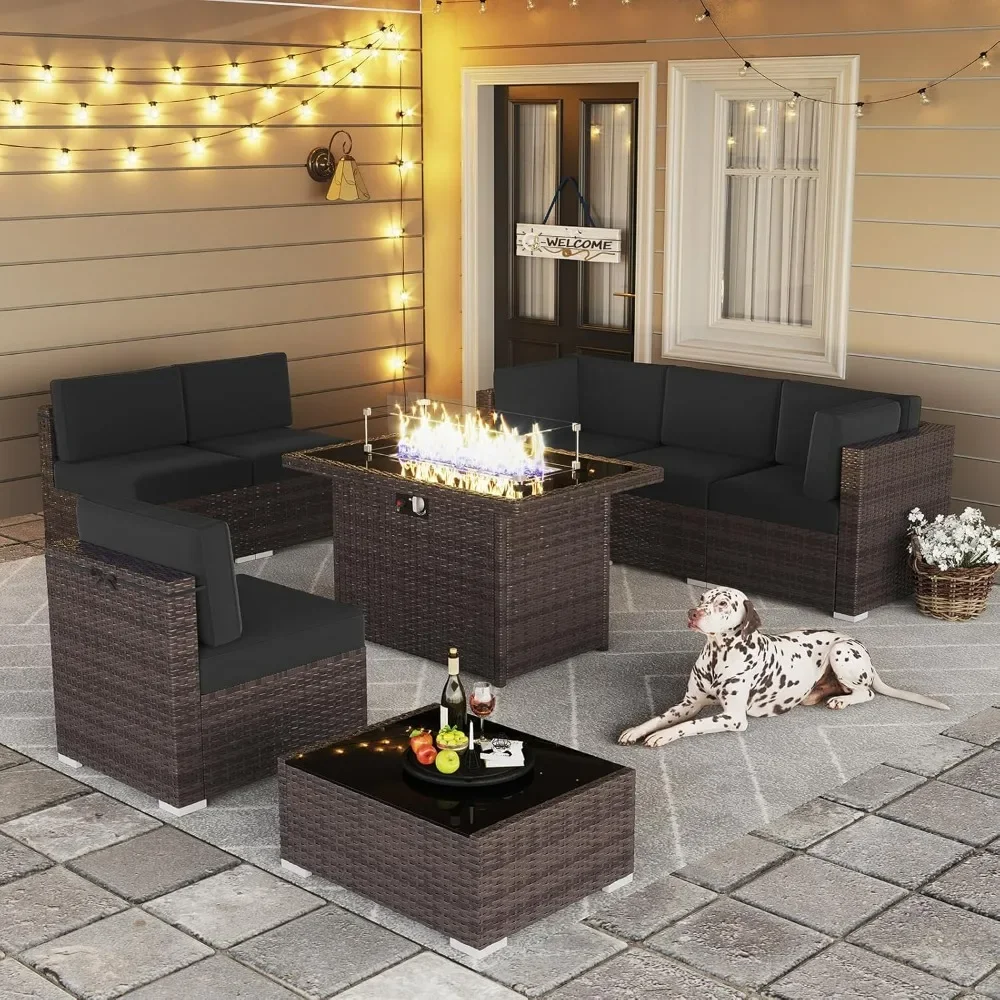 

8 Piece Patio Furniture Set with 44" Fire Pit Table, Outdoor Sectional Conversation Set Wicker Rattan Sofa Set with Coffee Table