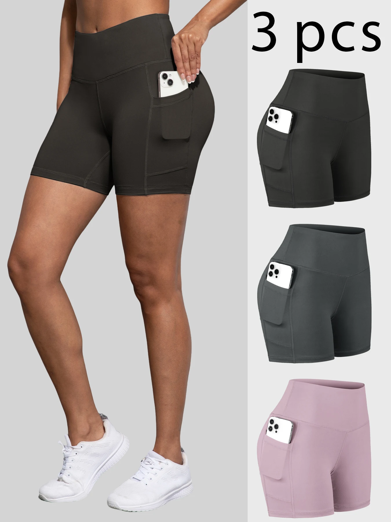 

CHRLEISURE 3PCS Solid Color Yoga Shorts with Pockets Elastic Slim Sport Leggings High Waist Cycling Shorts Sportswear
