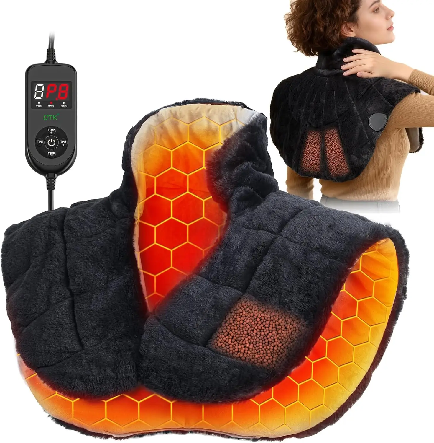 Weighted Neck Shoulder Back Heating Pad 24x20, Premium Faux Rabbit Fur 30s Fast Heat, 8 Settings Memory Gift