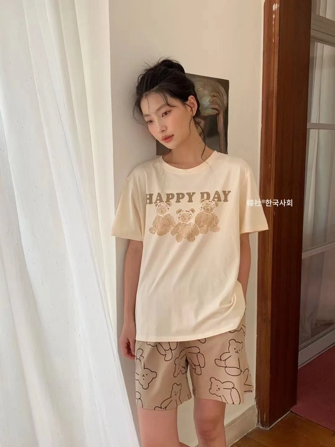 Summer Ladies New Korean Version of the Pajamas Homewear Suit Cool Feeling Cotton Bear Suit Homewear Loose Soft Skin-Friendly