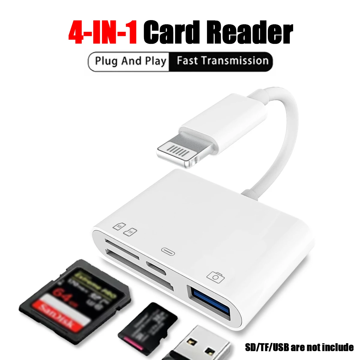 

4-in-1 Lightning to SD/TF/USB OTG Camera Adapter High Speed card reader for iPhone 14 13 12 11 Pro Pro Max Mini Xs Max XR X iPad