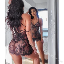 New Sexy Lingerie Night Dress Sleepwear For Women Fashion Lace See-Through Women Nighgown Underwear Erotic + T-Back Thong Hot