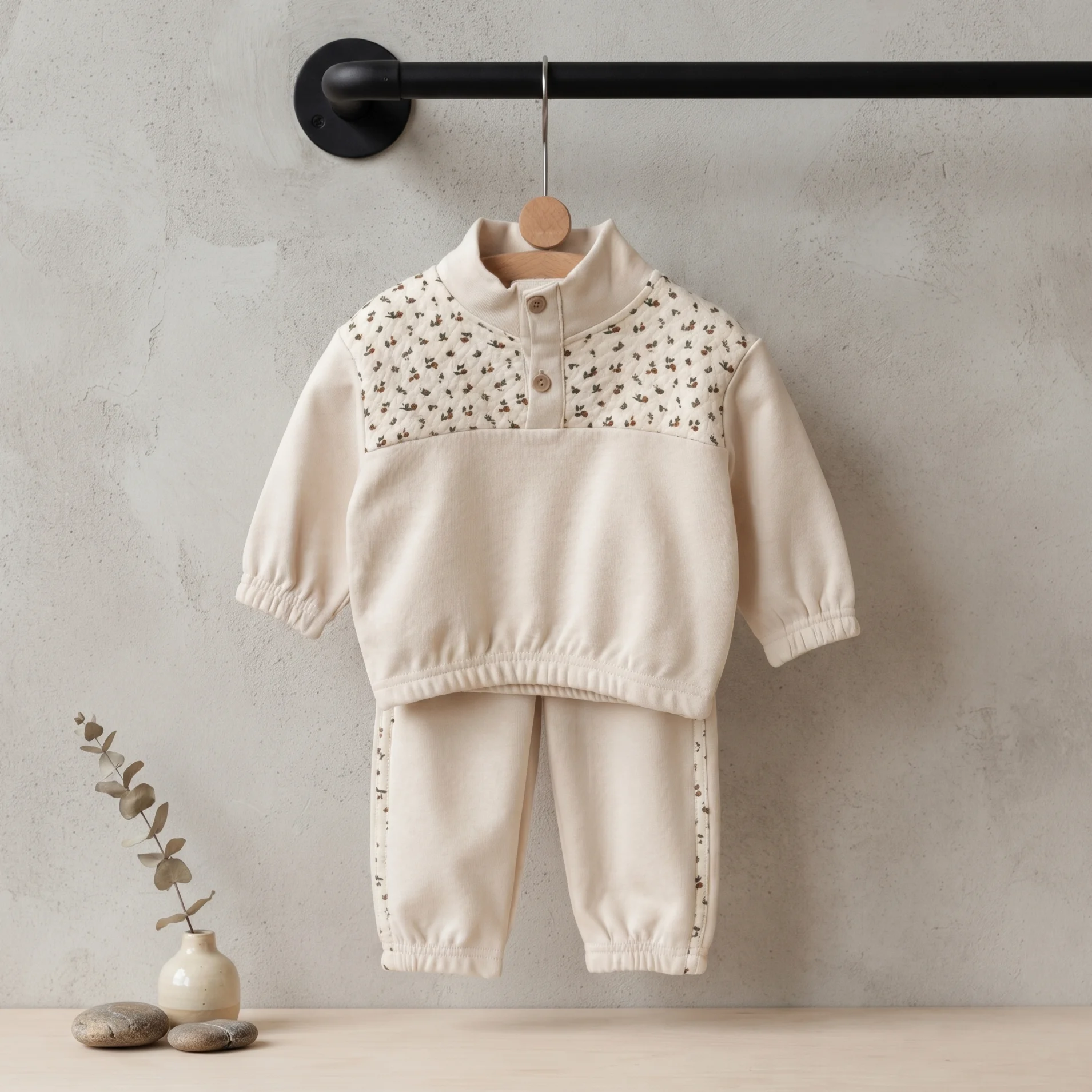 Spring Autumn Baby Floral Patch Stand Collar Sweatshirt Set Half Button Top Side Print Jogger Pants Unisex Infant 2Pcs Outfit