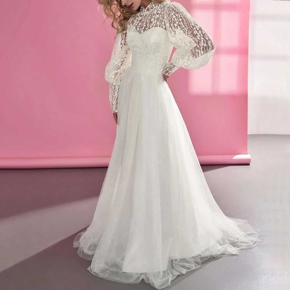 

Exquisite Applique Lace Wedding Dress Sexy Illusion High Neck Lantern Long Sleeves A-Line Shiny Floor Length Tulle Customized