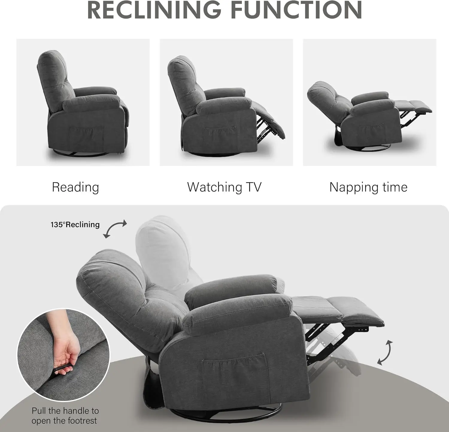Swivel Rocker Recliner Chair, Ergonomic Lounge Chair For Living Room, Recliner Single Sofa Seat For Adults With Rocking