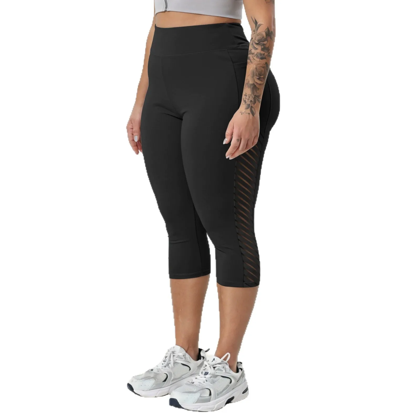 Women High Waist Black Leggings Women's Gym Capri Slim Fit Yoga Pants Mesh Panel Tights Sport Running Cycling Workout Leggings