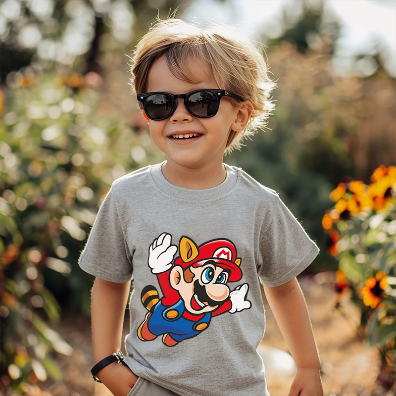 Mario Printed Kids T-shirt Summer Children's Cotton Short Sleeve Suitable for Boys and Girls Gray Casual Tops