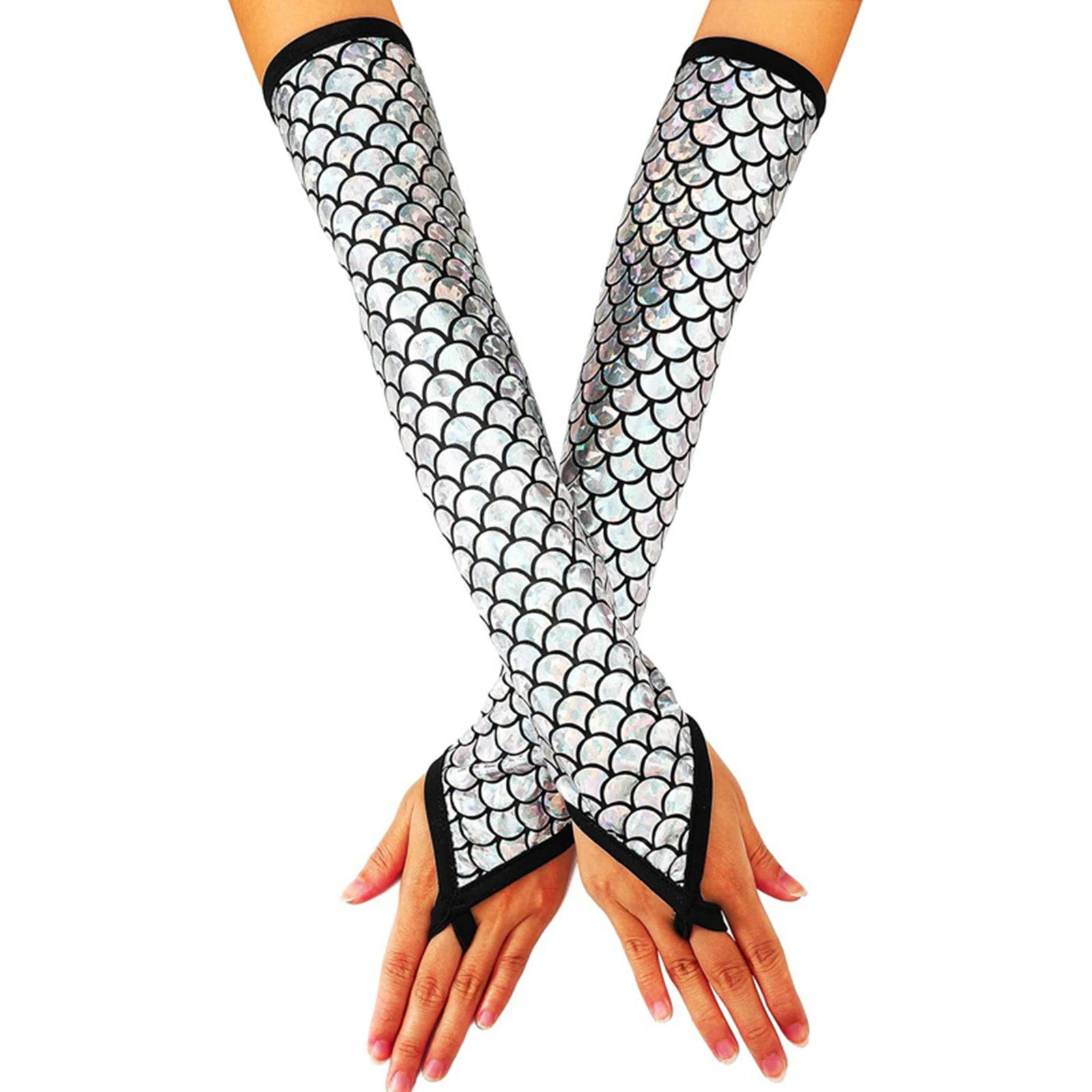 Women Girls Sparkle Fingerless Mermaid Element Gloves Fish Scale Print Long Gloves Halloween Cosplay Carnival Party Accessories