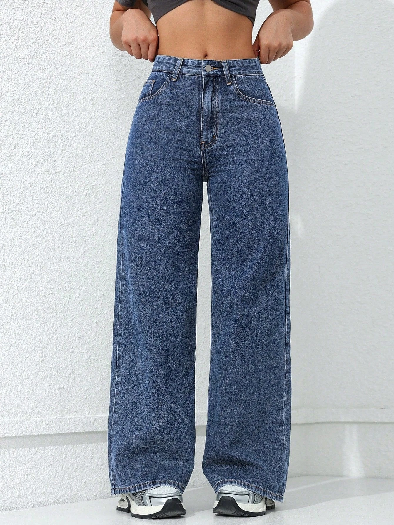 American Sle Jeans mit weitem Bein, lockere, gerade Taille, schlankmachende, bodenlange, lässige Denim-Hosen, hohe Taille, Baumwolle, Damen-Jeans