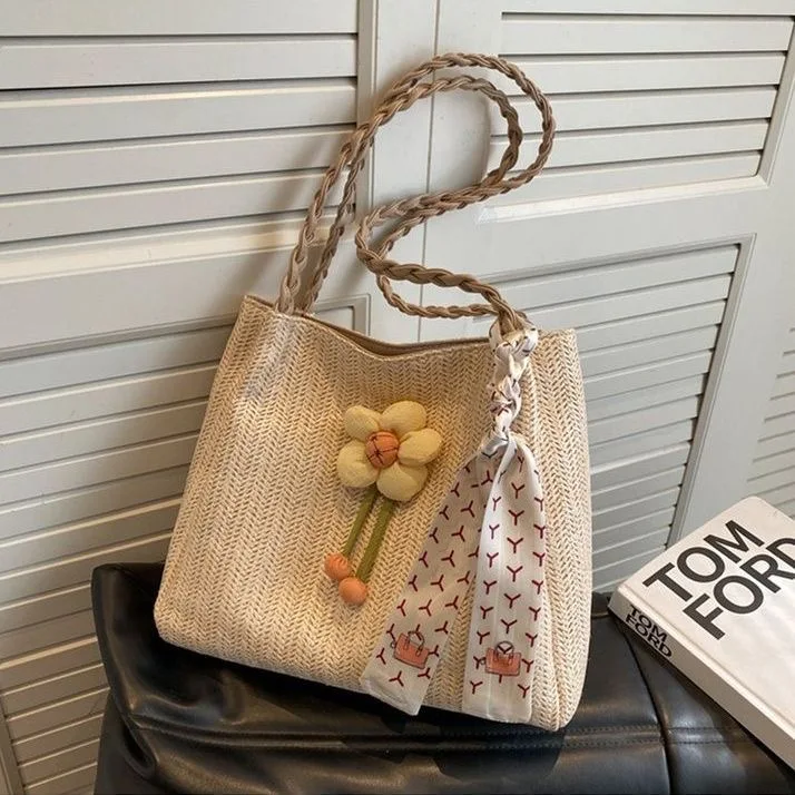 Tote Bag Fashion Canvas Totes Straw Flower Portable Beach Shoulder Shopping Casual Beach Bag Large Capacity Handbag Wholesale