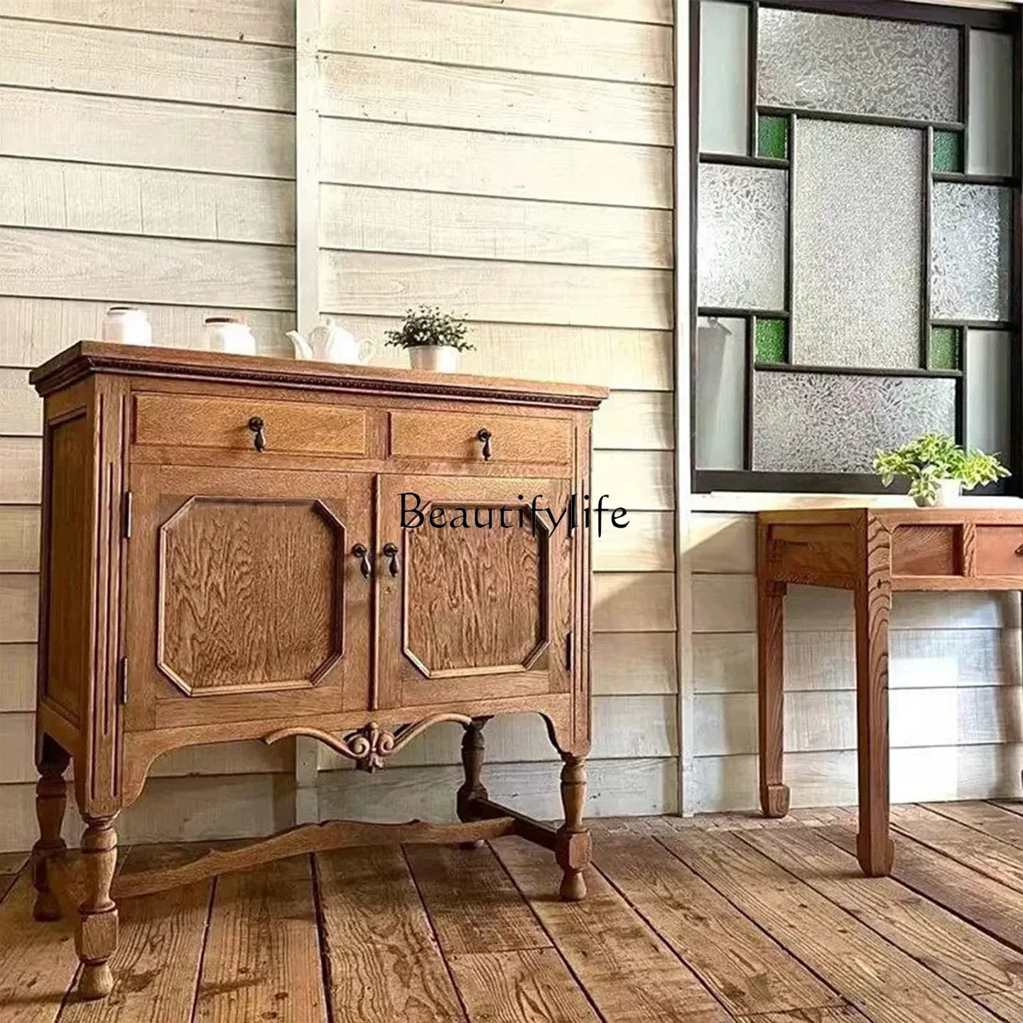 

13 American retro cabinet dining side cabinet old solid wood display cabinet French medieval style
