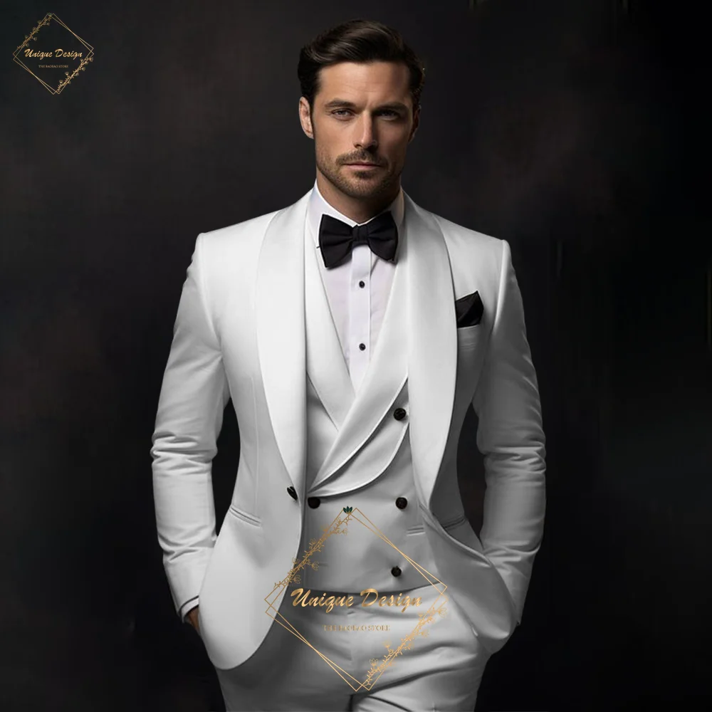 

Premium WhiteTuxedo Suit for Men 3 piece Set shawl lapel classic tailored wedding groom prom cocktail party attire birthday gift