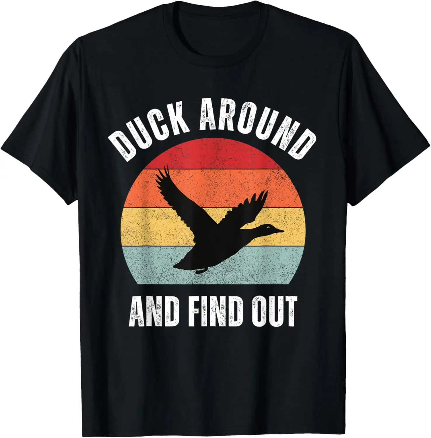 

Забавная футболка с изображением утки вокруг и выхода в стиле ретро с закатом