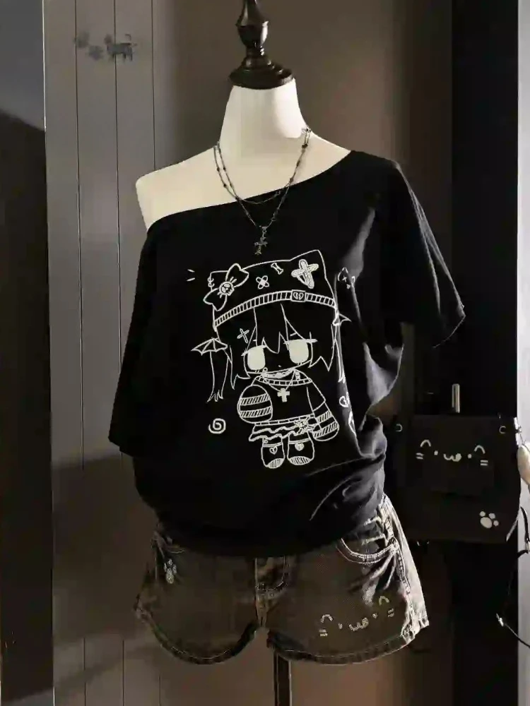 

Летние милые новые футболки с короткими рукавами, женские свободные футболки с японским принтом, женский дизайн, тонкие топы с косым воротником в стиле Хепберн