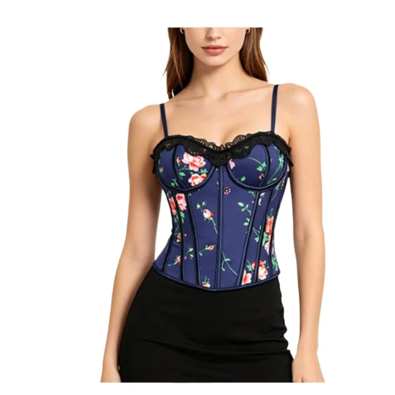 

Spaghetti Strap Navy Floral Corset with Black Lace Trim Sweetheart Bustier for Party Daily Outfit