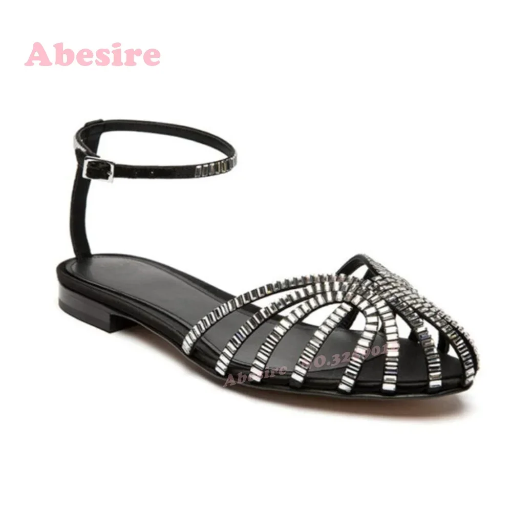 

Rhinestones Hollow Out Flat Sandals Round Toe Low Heels Ankle Strap Women's Sandals 2025 New Arrival Side Air Luxury Runway Shoe