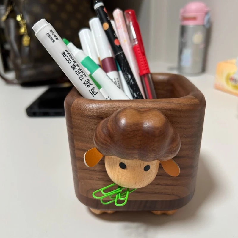 

Black Walnut Pen Holder with Sheep Design Creative Solid Wood Desk Organizer Office Desktop Decoration Unique Birthday Gifts