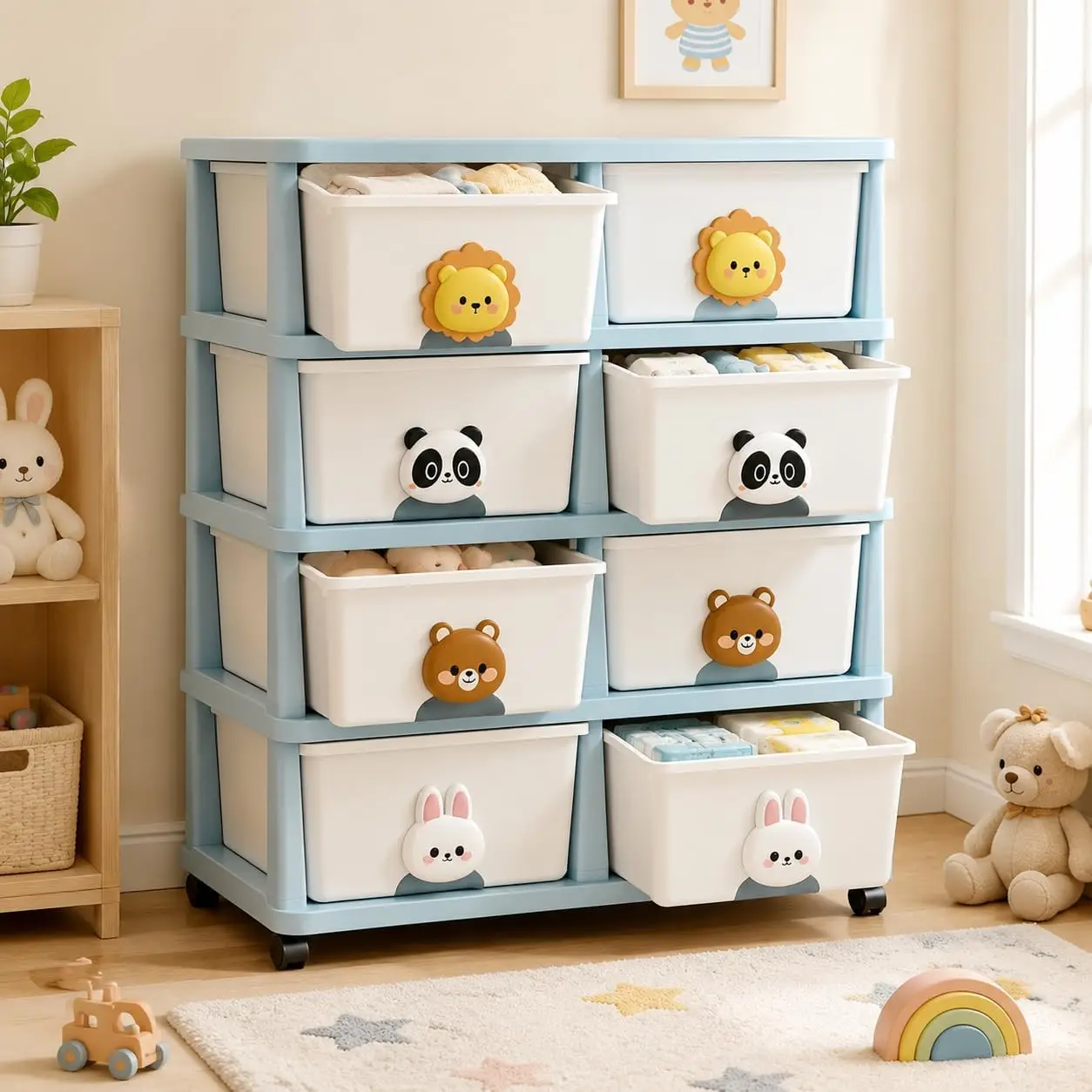 8-Drawer Cute Cartoon Animal Storage Drawer with Wheels, Anti-Tip Rolling Organizer, Large Capacity Stackable PP Storage Cabinet for Kids Toys, Nursery, Playroom, Classroom, Bedroom, Modular Design