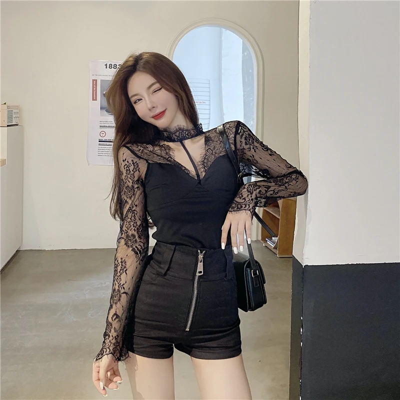 MiiiiX Sexy Hot Girl Lace Splicing Long Sleeve T-shirt Women's 2024 Autumn Hollow Out Design Bottoming Shirt Top Female Clothes