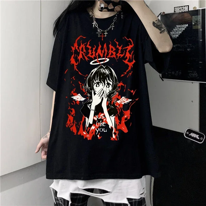 Gothic Punk Cartoon Short Sleeve Women T-Shirt O-Neck Harajuku Ulzzang Hip Hop Loose Casual Streetwear Estetyczne ubrania